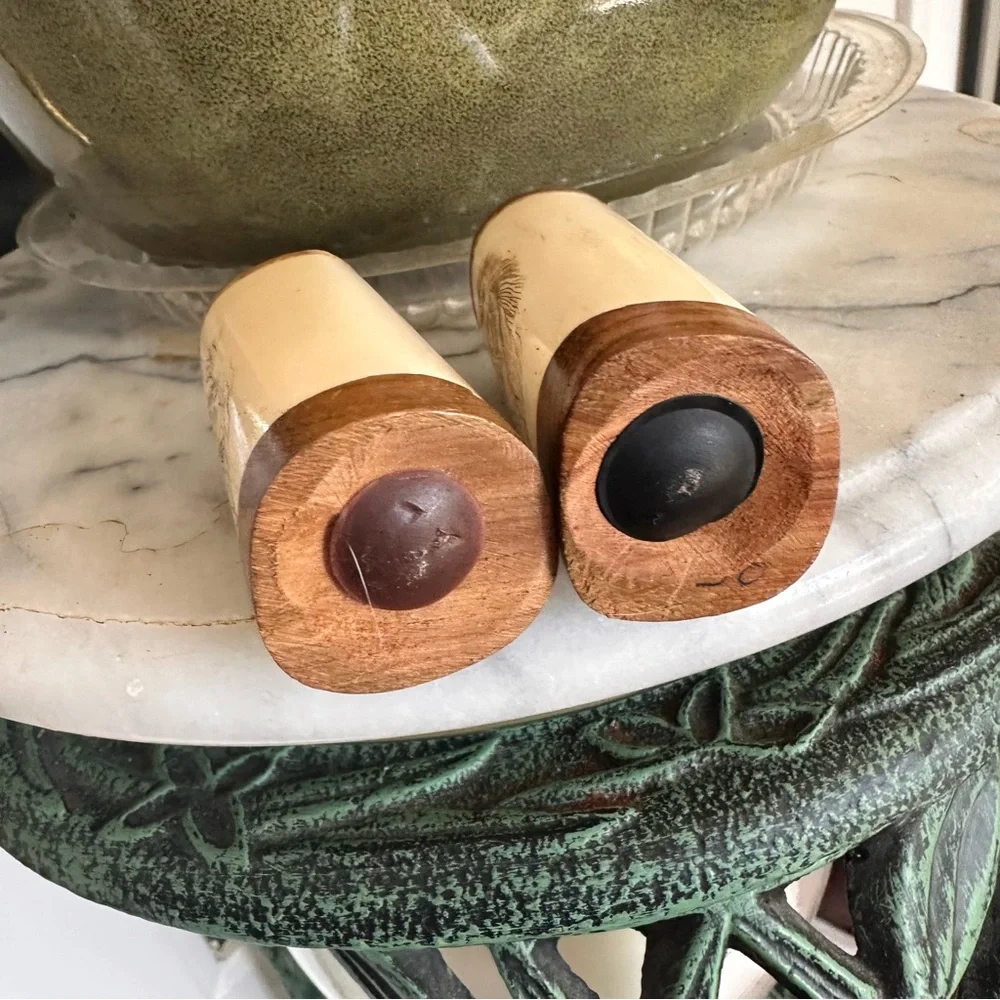 Scrimshaw African Lion Bone & Wood Salt & Pepper Shakers